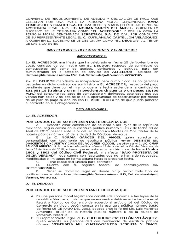 Contrato de Reconocimiento de Adeudo | PDF | Pagos | Bancos