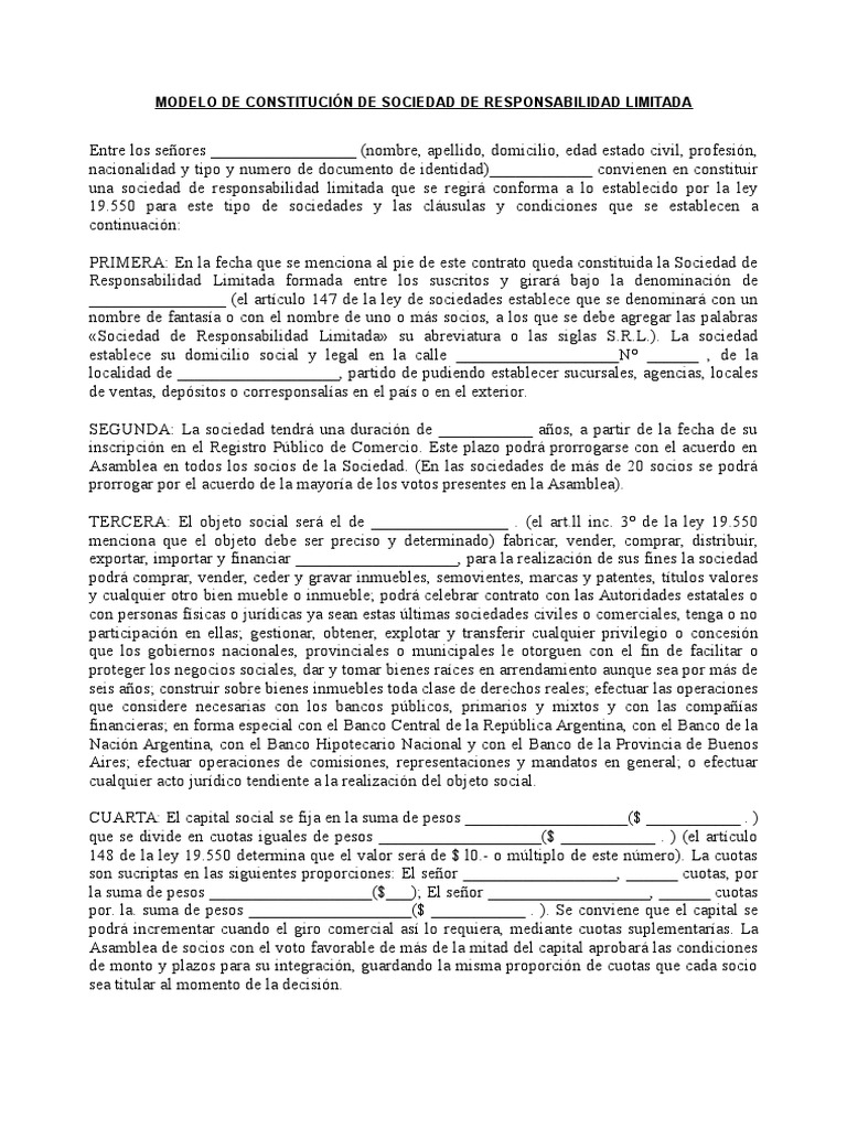 Contrato Constitutivo de Una SRL | PDF | Compañía de responsabilidad  limitada | Liquidación