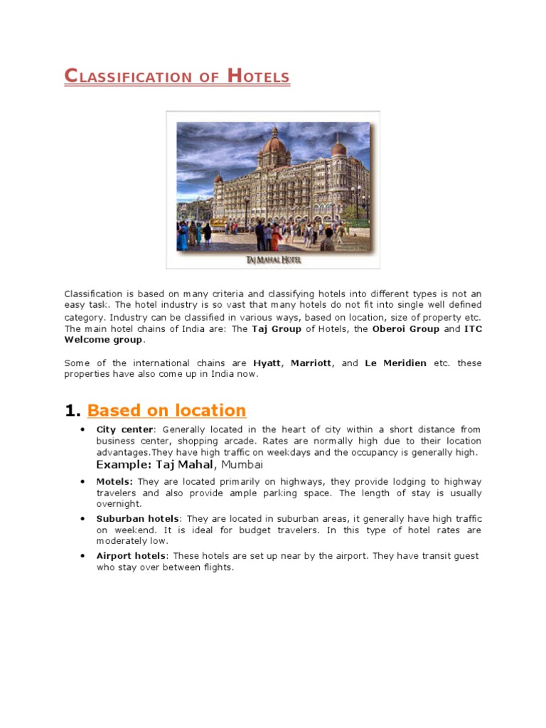 Classification of Hotels Resort Hotel