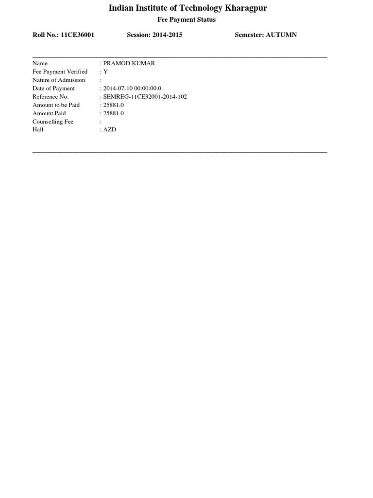 IIT Kharagpur Fee Payment Status | PDF