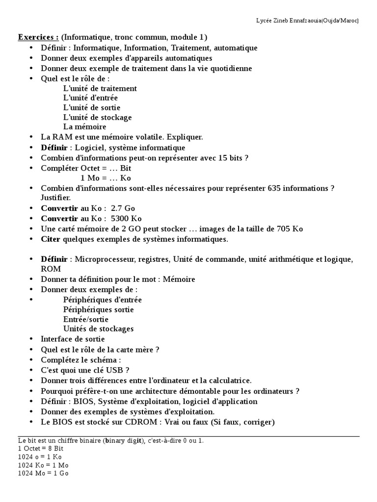 Exercices d'informatique tronc commun | PDF
