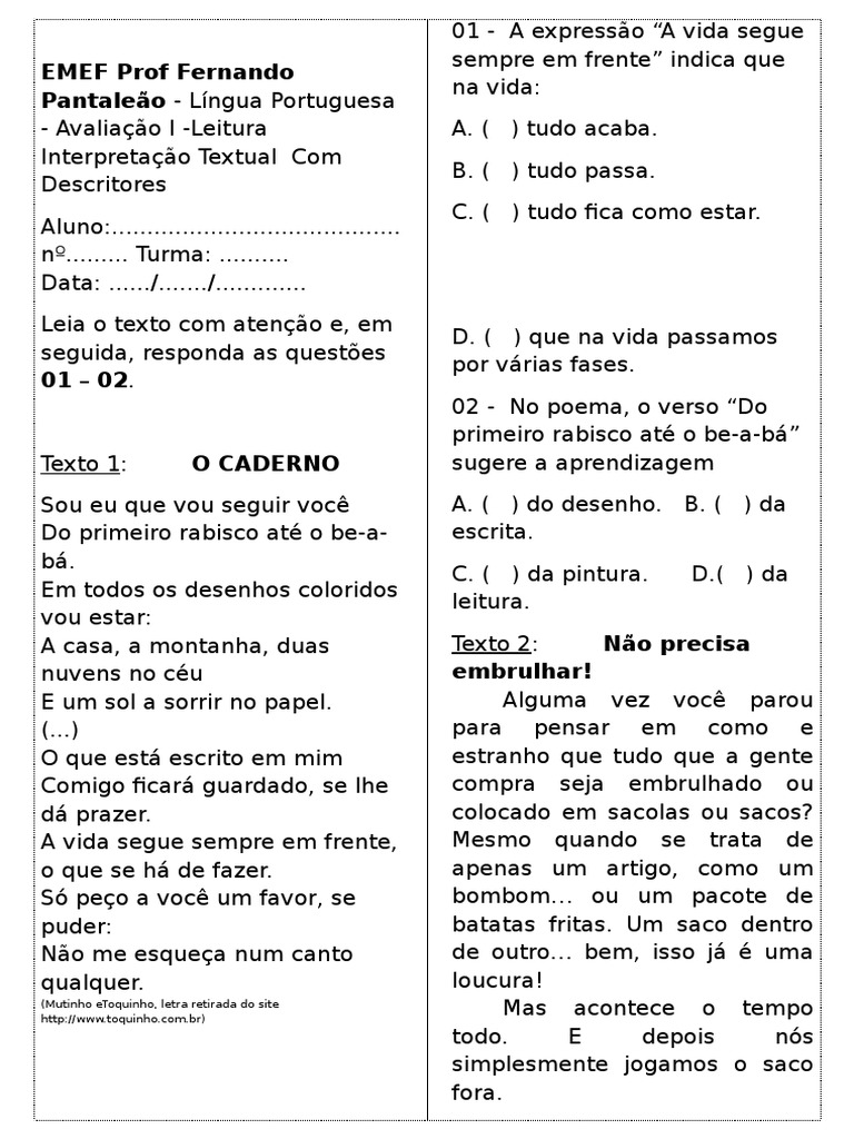 Avaliação I - Leitura e Interpretação Com Descritores - 6º Ano Ferpanta ...