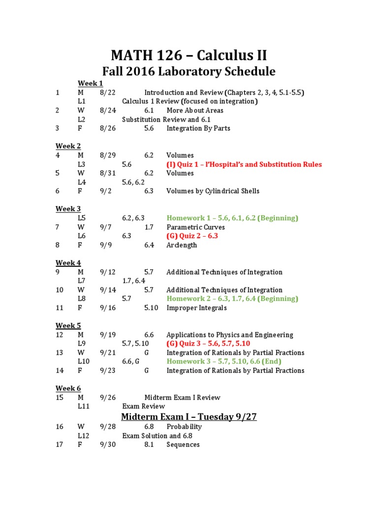 Calculus II Fall 2016 Lab Schedule | PDF | Coordinate System | Analytic ...