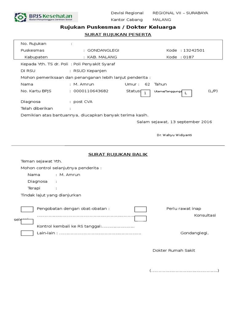 Surat Rujukan BPJS Puskesmas ke RS | PDF