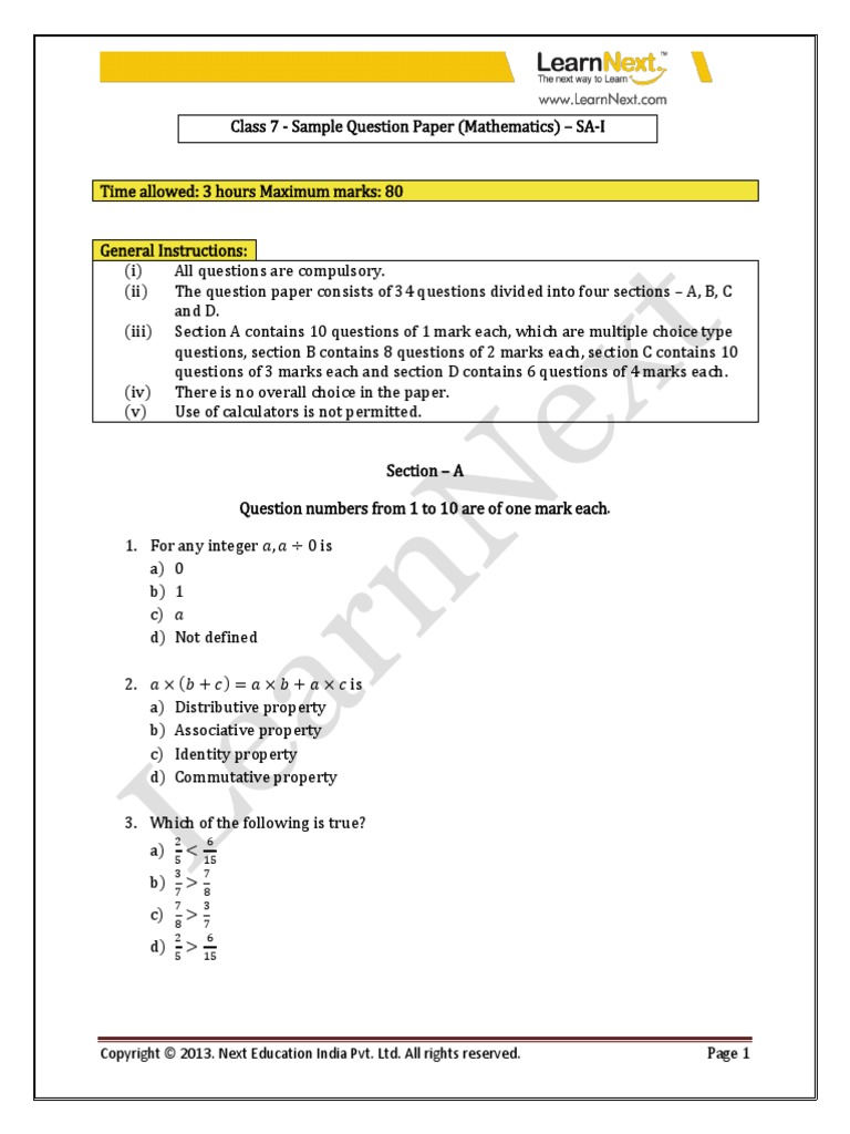6th class maths sa1 question paper 2020 image