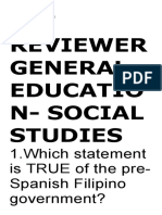 LET Reviewer General Educatio N-Social Studies: 1.which Statement Is TRUE of The Pre - Spanish Filipino Government?