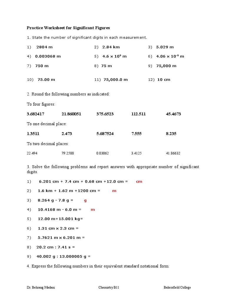 Problem Set 1 Significant Figures Answer Sheet | PDF | Significant Figures  | Mathematical Notation