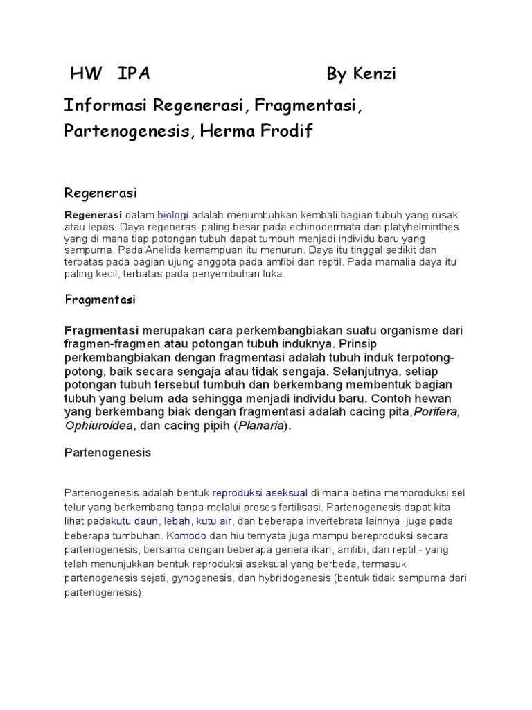 Hw Ipa By Kenzi Informasi Regenerasi Fragmentasi