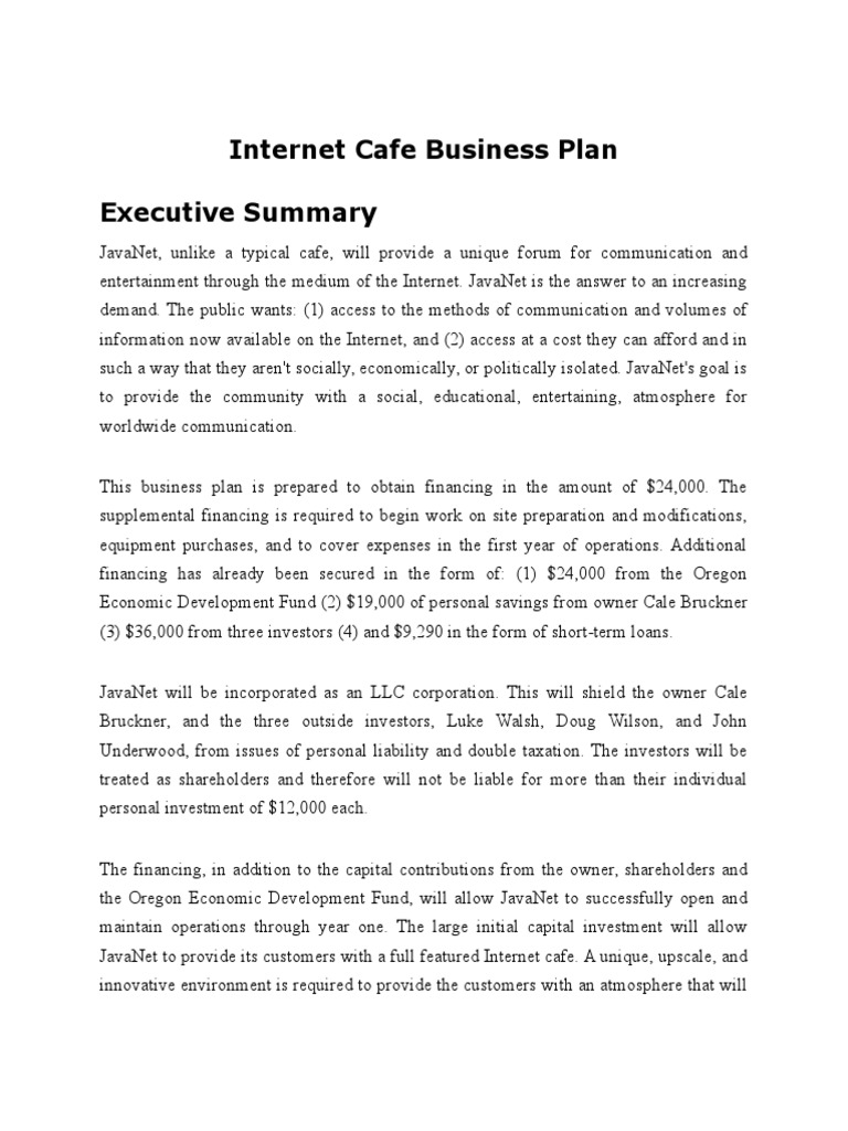 Internet Cafe Business Plan  Business Plan  Internet