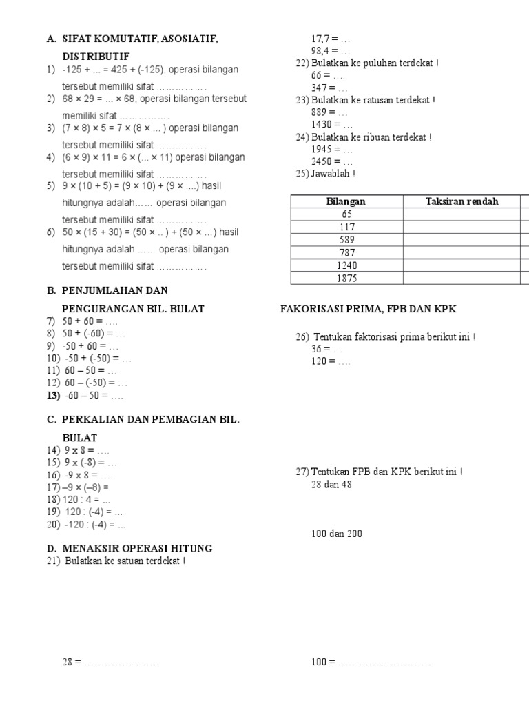 Soal Uts Semester 1 Matematika Kelas 5