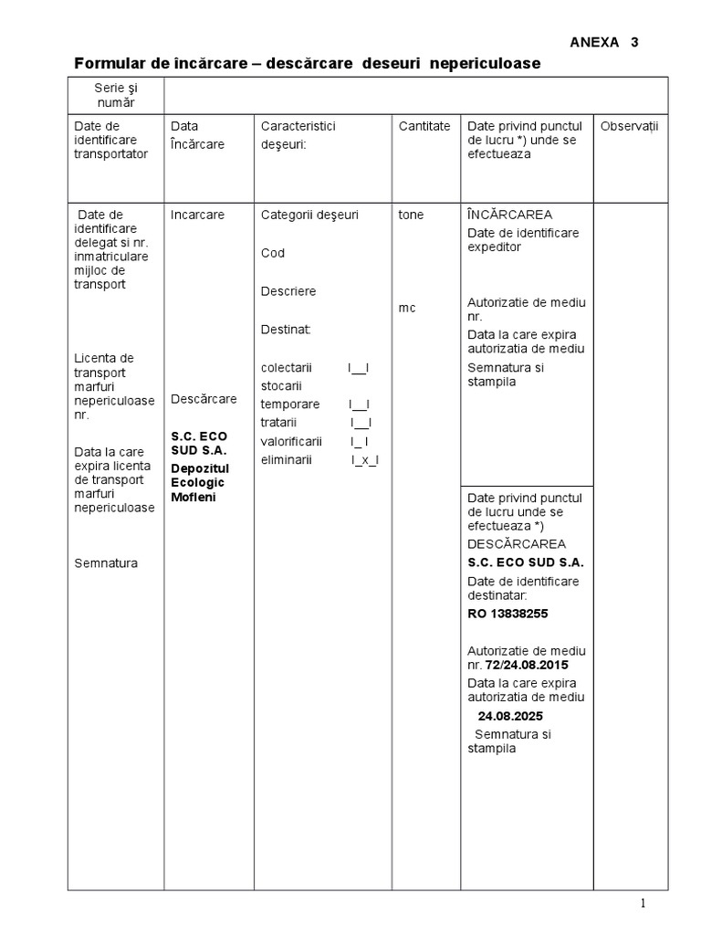 Formular De IncÄƒrcare DescÄƒrcare Deseuri Nepericuloase
