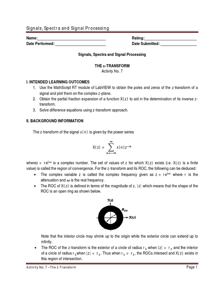 Signals, Spectra and Signal Processing Activity No. 7 The Z
