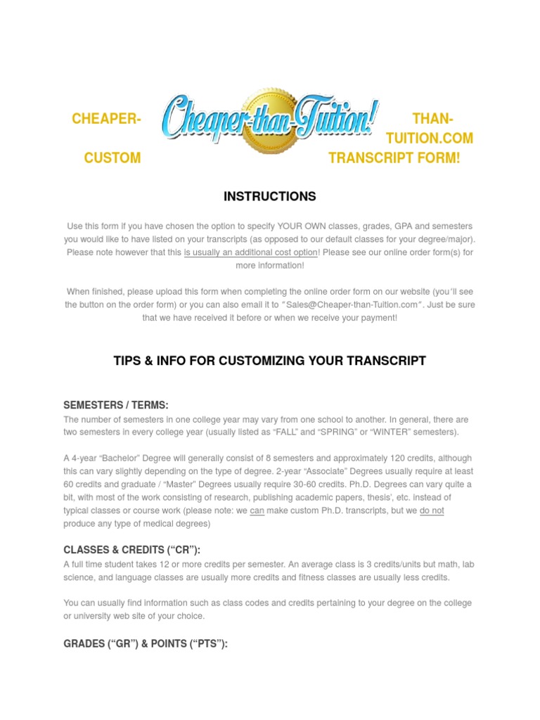 CTT Custom Transcript Form | PDF | Course Credit | Academic Degree