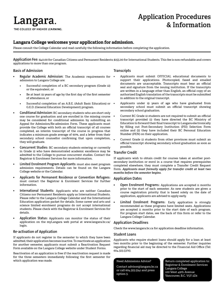Langara College Application Form | PDF | University And College Admission |  Secondary School