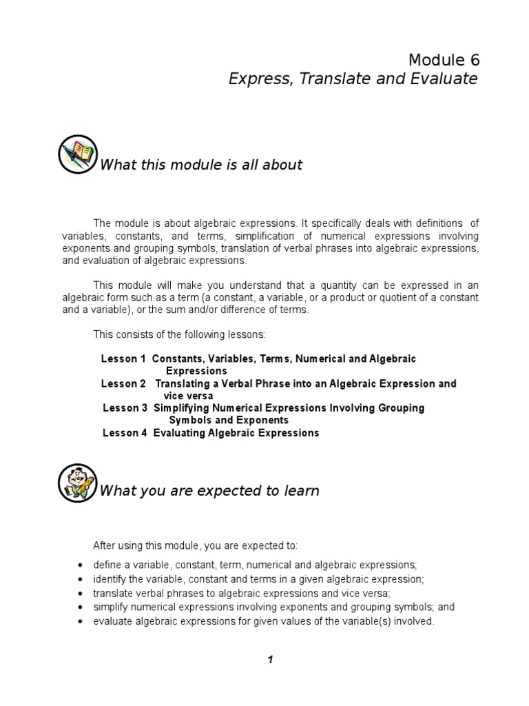 worksheet Translate Algebraic Expressions Worksheet translate to algebraic expression variables and expressions module 6 1 bracket variable mathematics 1511550380v1 express