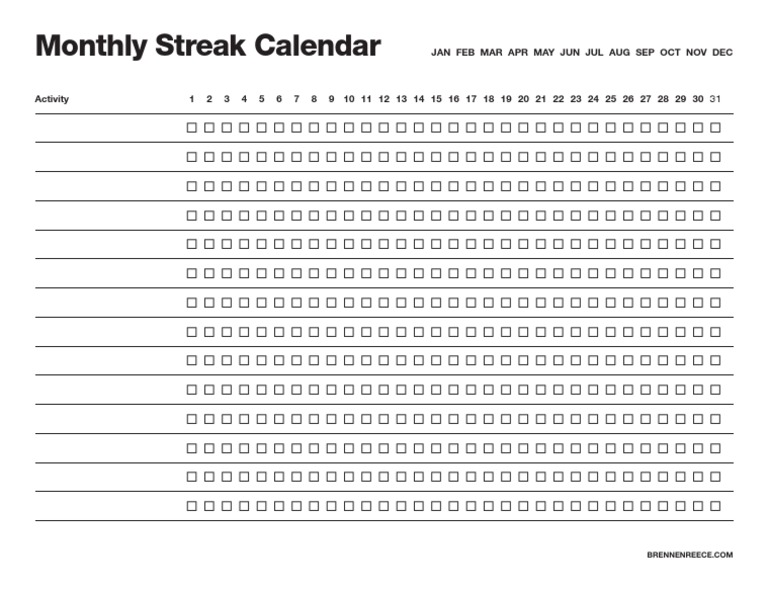 Monthly Streak Calendar PDF PDF