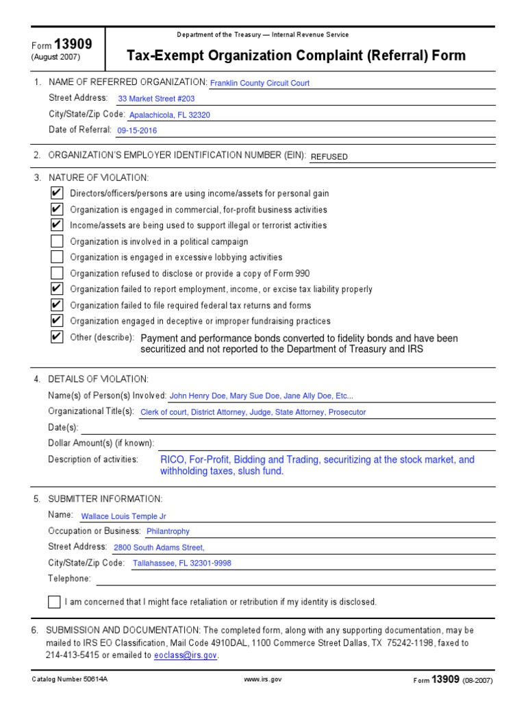 f13909 (Completed) PDF | PDF | Internal Revenue Service | Government