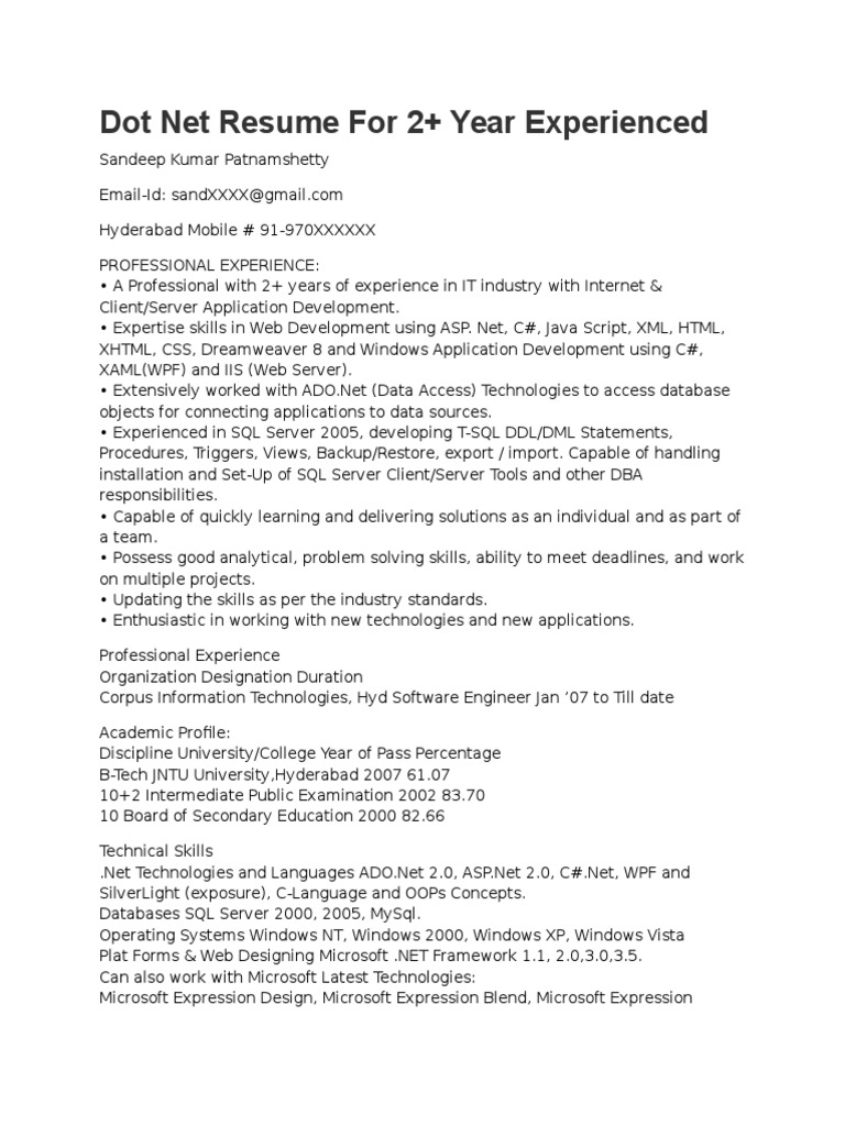 Dot Net Resume: 2+ Years Experience | PDF | Databases | Microsoft Sql ...