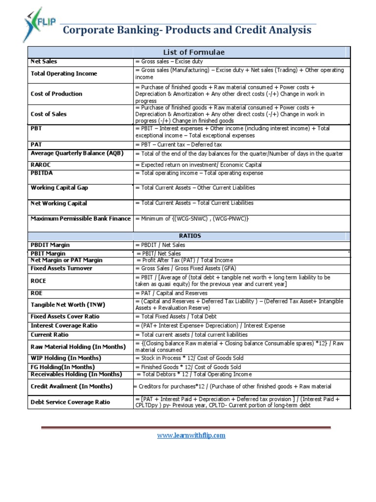 Corporate Banking - Credit Formulae Sheet | PDF