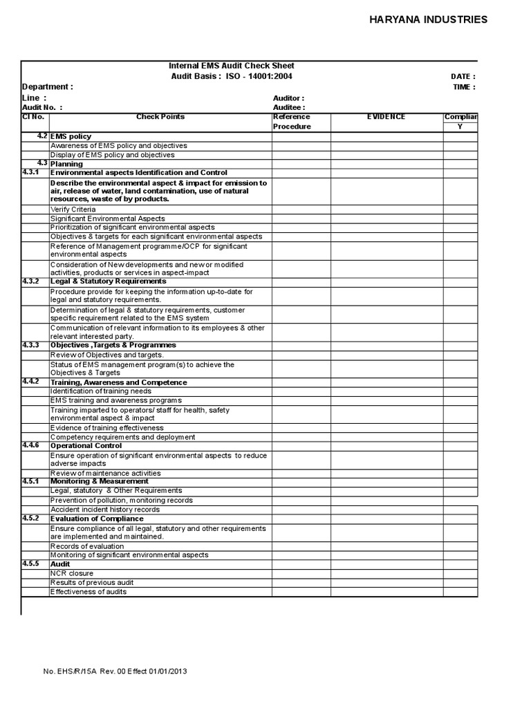 Sample EHS Audit Check Sheet Regulatory Compliance Risk Prueba