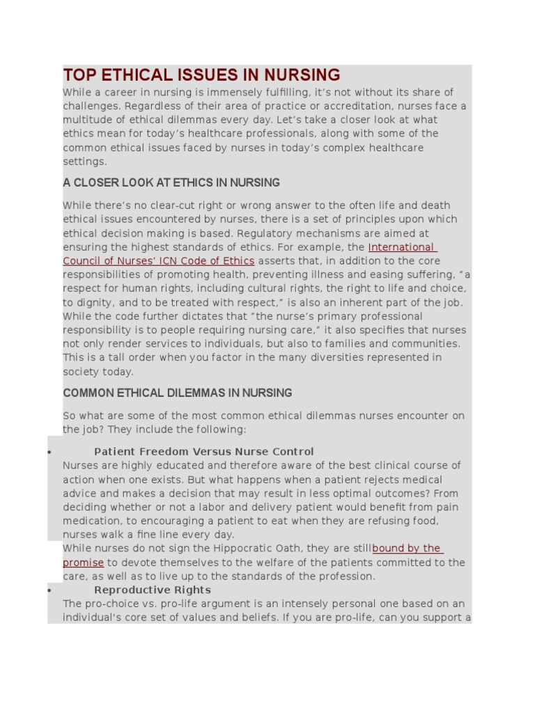 Common Ethical Dilemmas in Nursing | PDF | Nursing | Medical Ethics