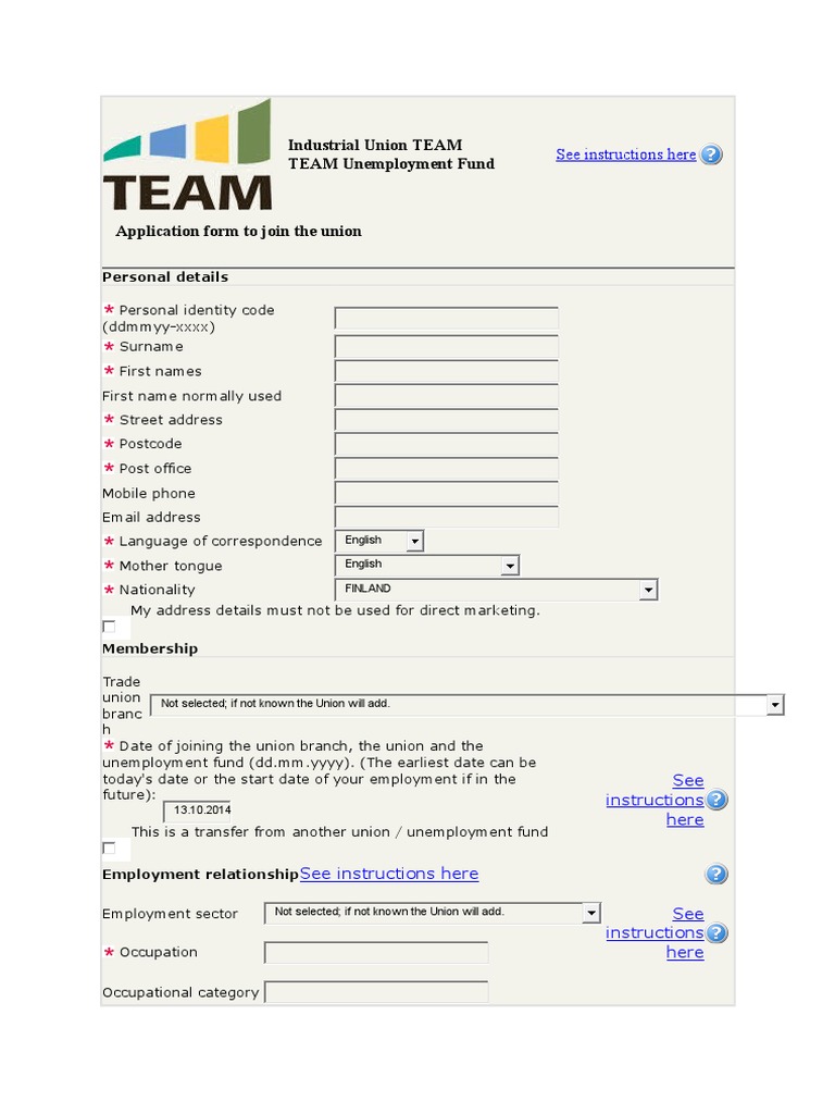 Join Industrial Union TEAM Form | PDF | Fee | Payroll