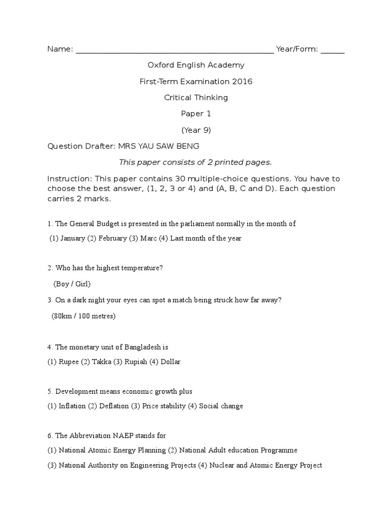 Year 9 Critical Thinking Exam Paper | PDF