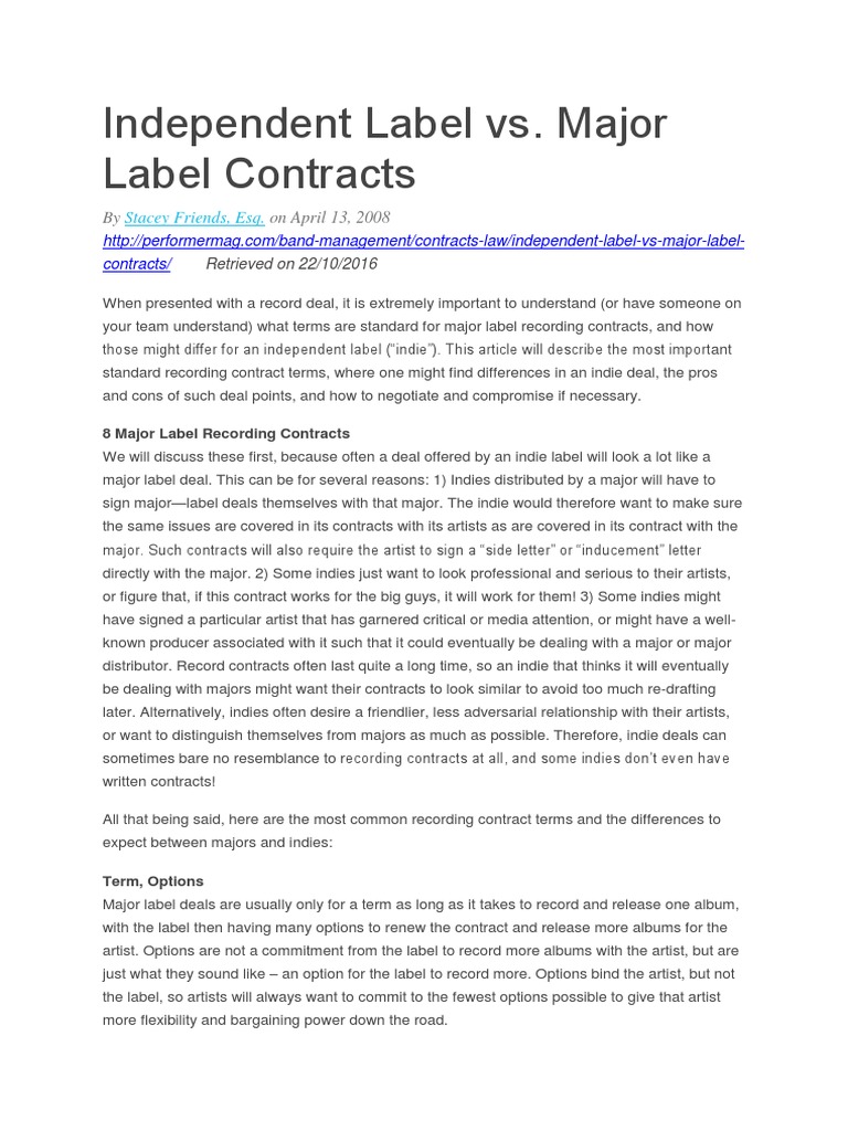 Independent Label vs. Major Label Contracts PDF Record Label