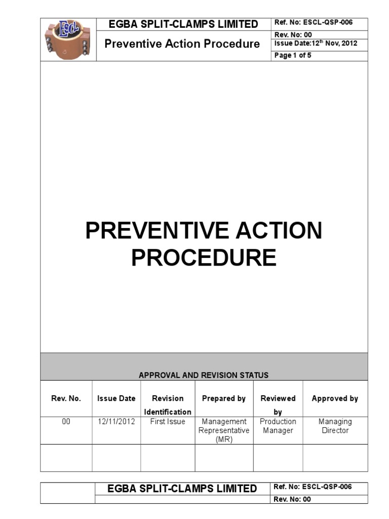 ESCL-QSP-006, Preventive Action Procedure | PDF | Quality Management ...