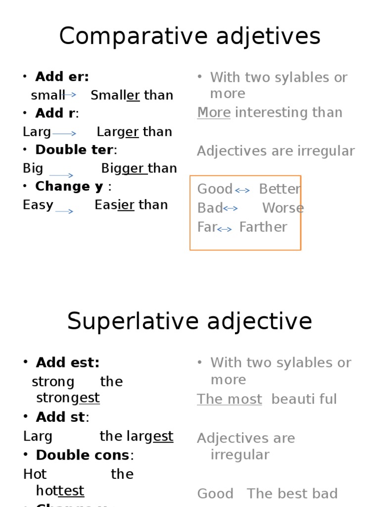 Comparative Adjetives: Add Er: Add R: Double Ter: Change y | PDF ...