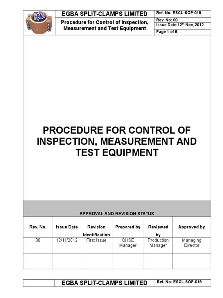 ESCLSOP019, Procedure For Control of Inspection, Measurement and Test
