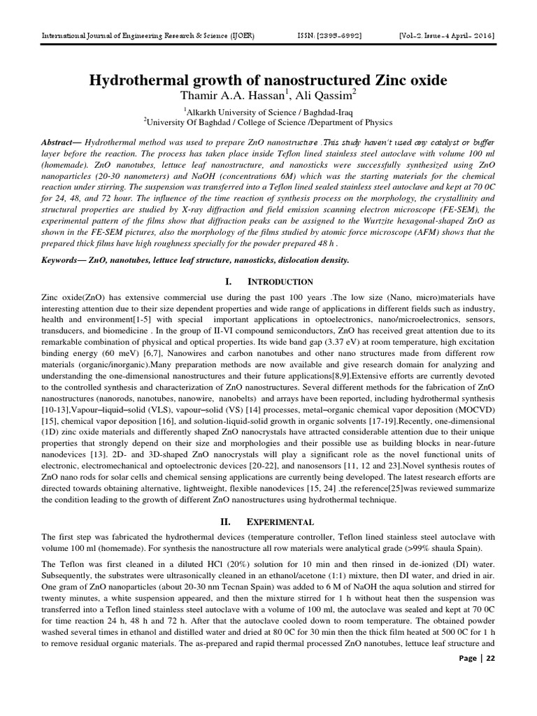 Engineering Journal Hydrothermal Growth of Nanostructured Zinc Oxide ...