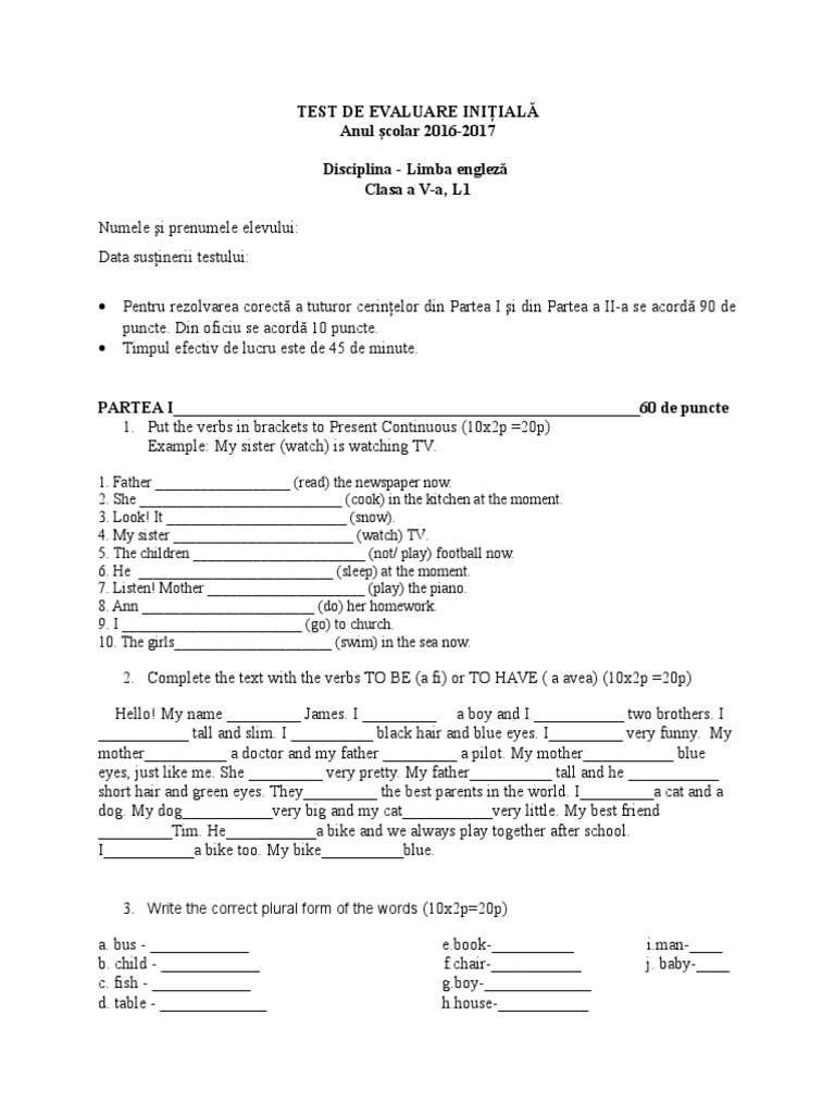 Test Initial Engleza A 5-A | PDF | Linguistics | Syntactic Relationships