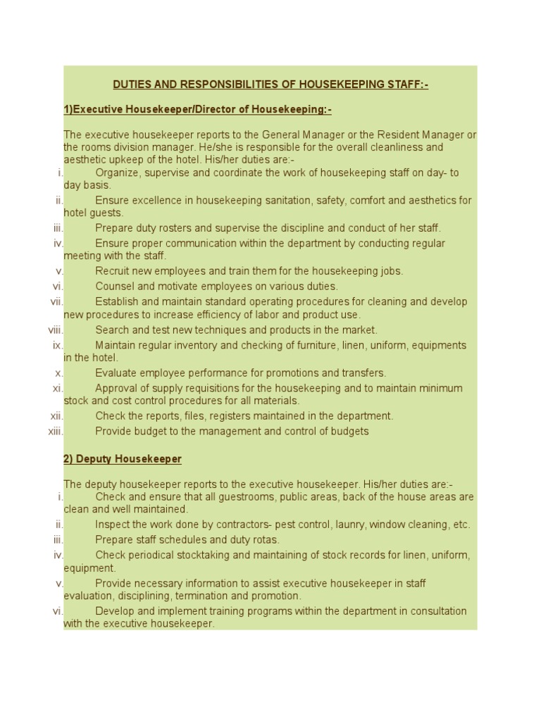 Duties and Responsibilities of Housekeeping Staff1) Executive Housekeeper/Director of