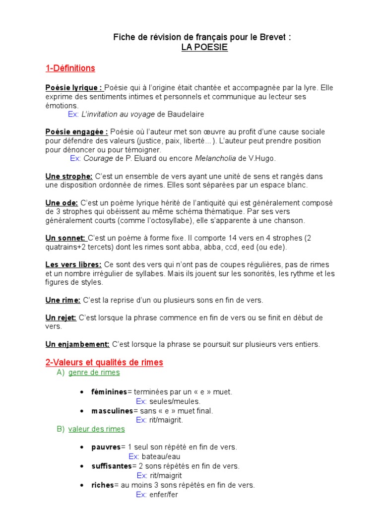 Fiche De Revision Brevet Francais Pdf Fiche de Révision de Français Pour Le Brevet | PDF | Poésie | Rime dans la  poésie