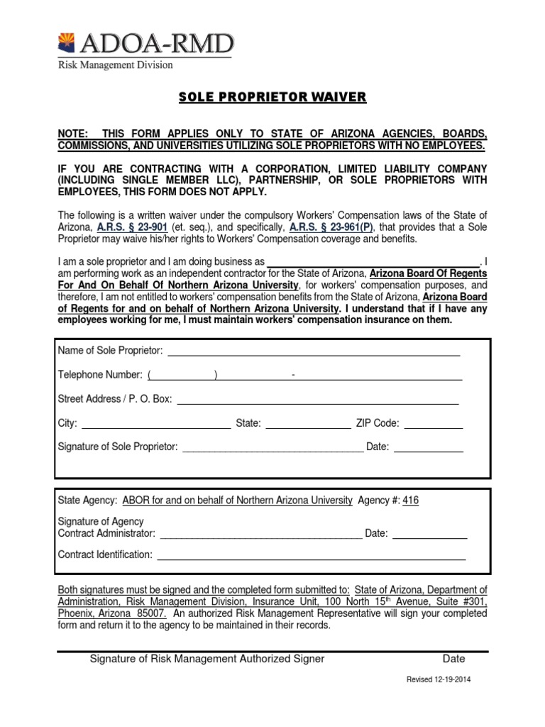 Sole Proprietor Waiver Download Free PDF Workers' Compensation