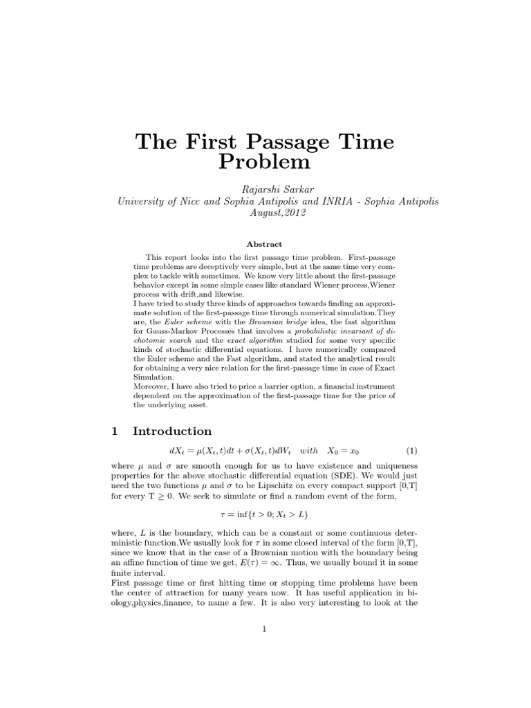 First Passage Time Problem Analysis | PDF | Stochastic Process | Variance