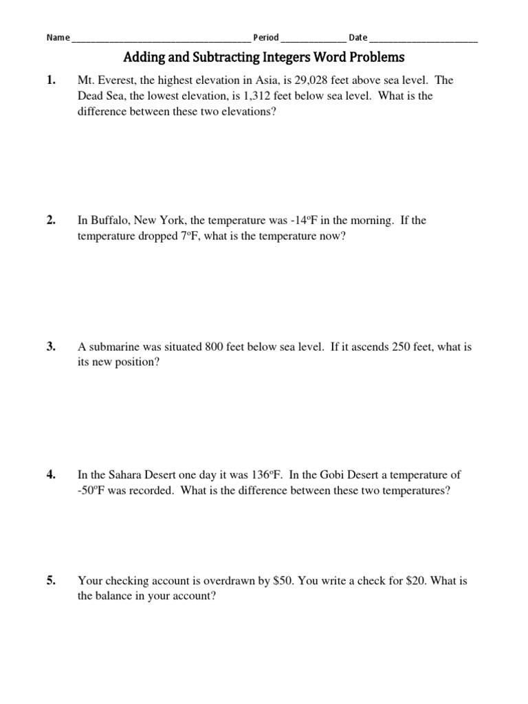 Adding and Subtracting  Integers Word Problems Worksheet  PDF With Regard To Integers Word  Problems Worksheet