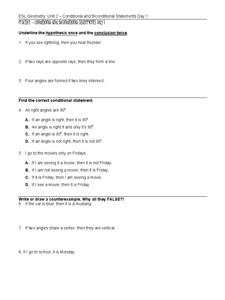 ESL Geometry: Conditional Statements Practice | PDF | Angle | If And ...