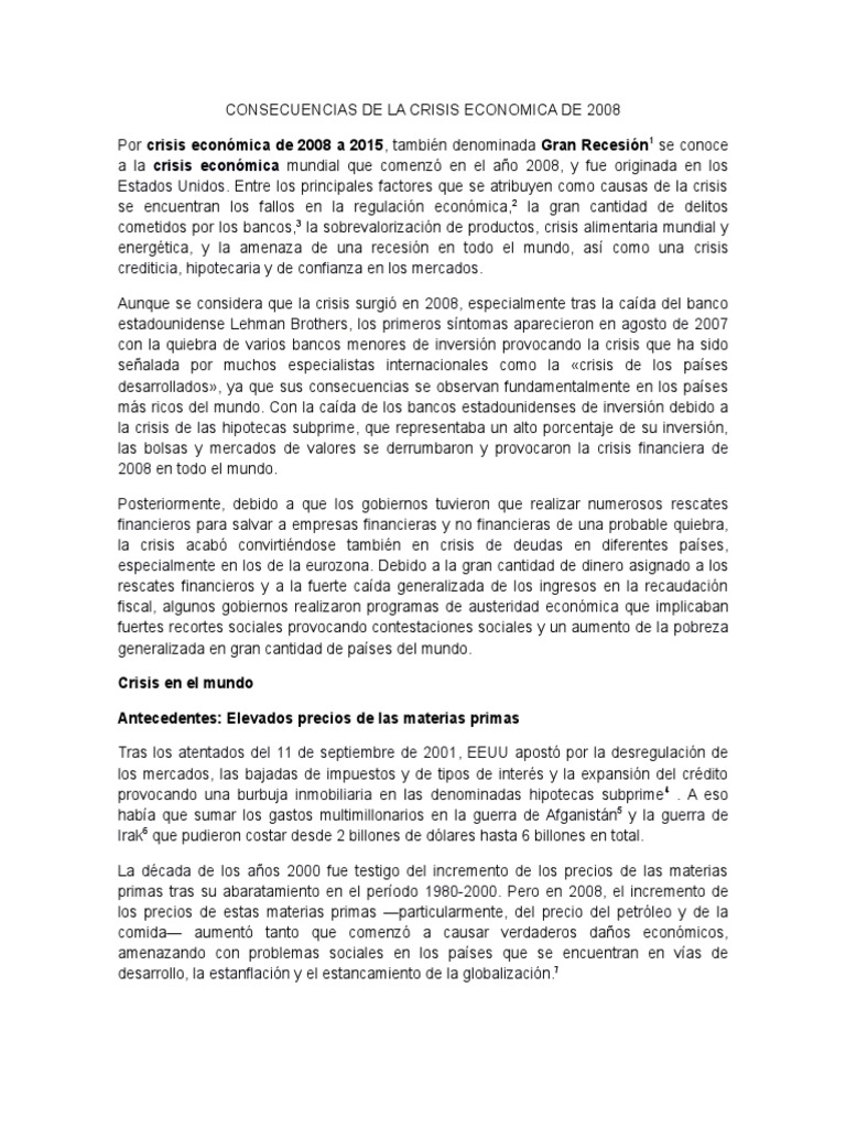Consecuencias de La Crisis Economica de 2008 | PDF | Gran Recesión ...