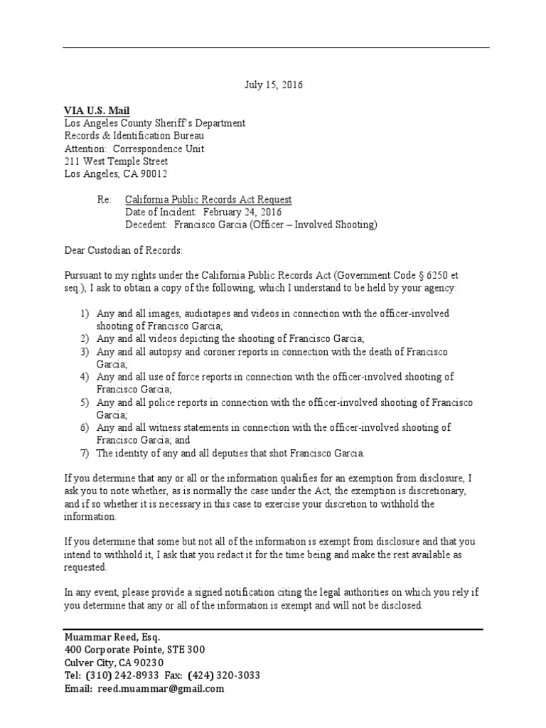 California Public Records Request for Shooting | PDF | Law