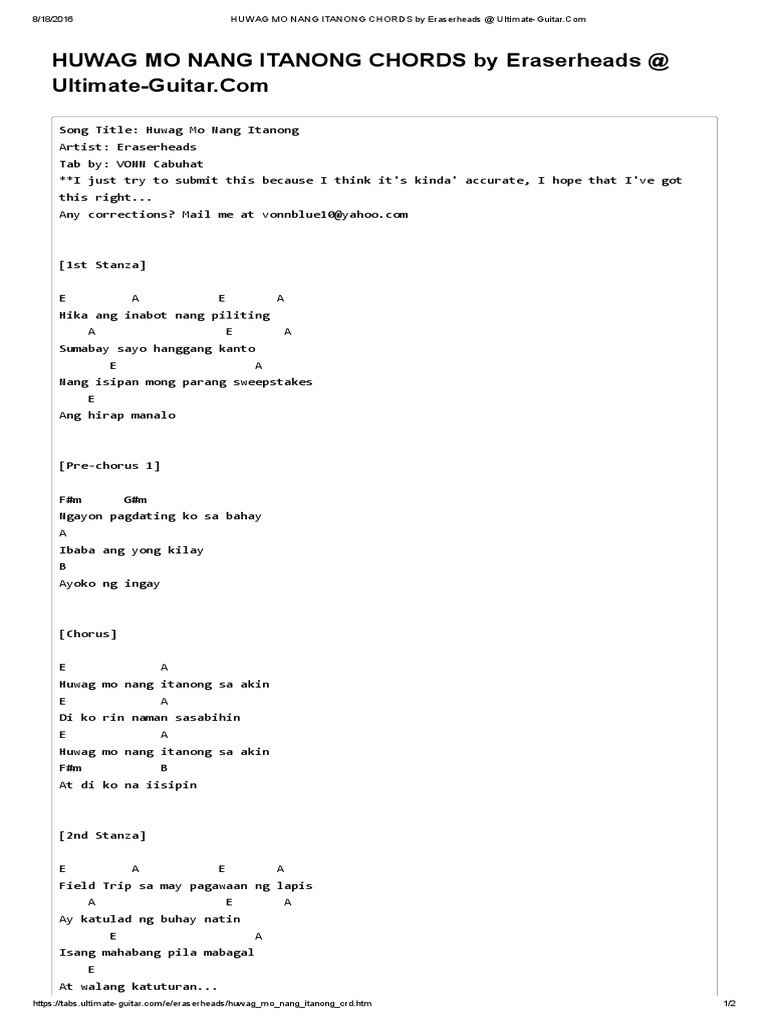 Huwag Mo Nang Itanong Chords by Eraserheads at UltimateGuitar PDF