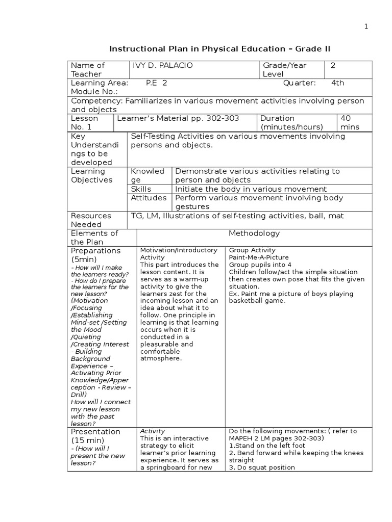 Instructional Plan in Physical Education Grade II PDF Educational Assessment Physical