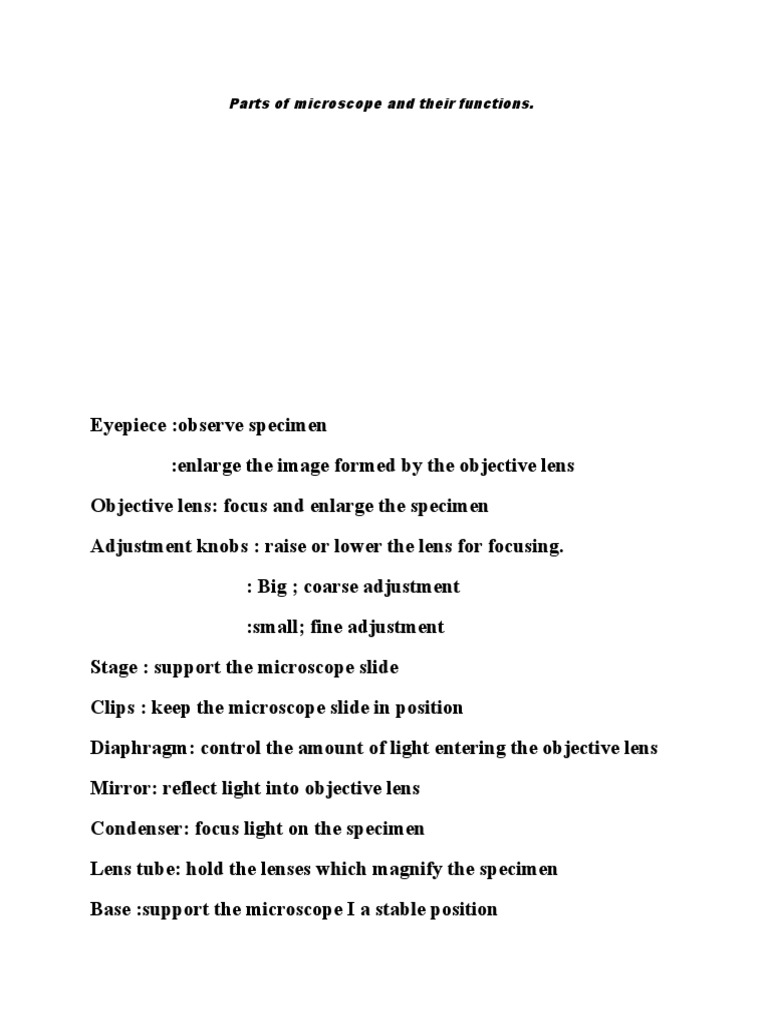 Parts of Microscope and Their Functions | PDF