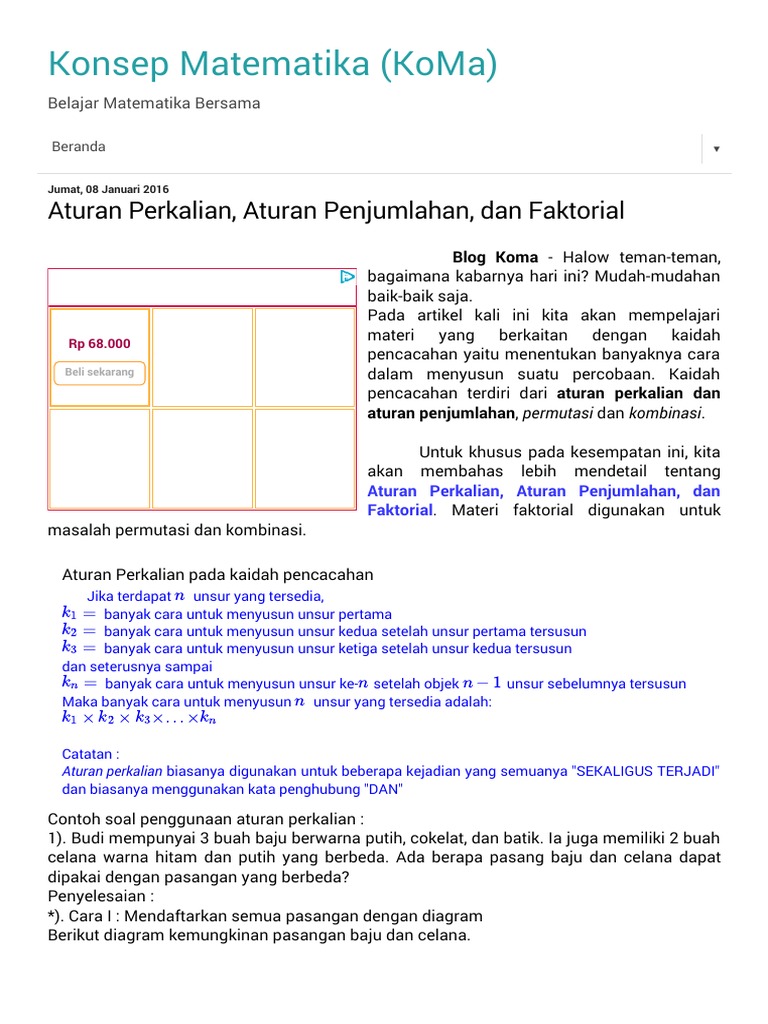 Konsep Matematika Koma Aturan Perkalian Aturan Penjumlahan Dan Faktorial
