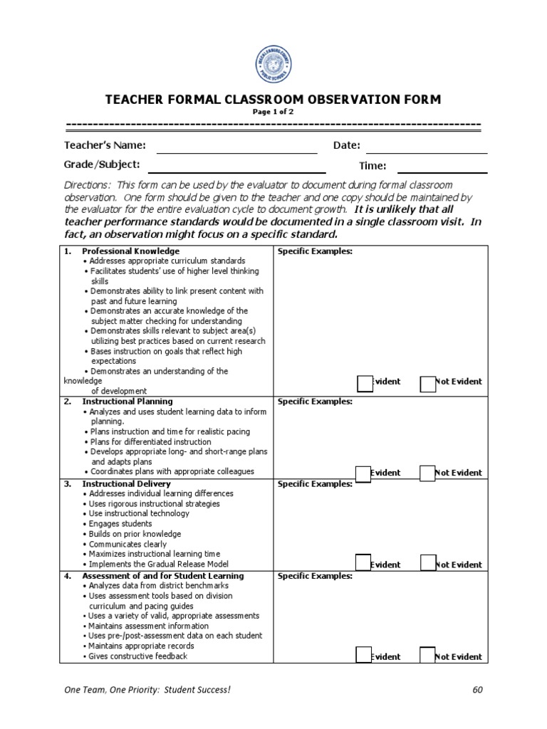 Teacher Formal Classroom Observation Educational Assessment