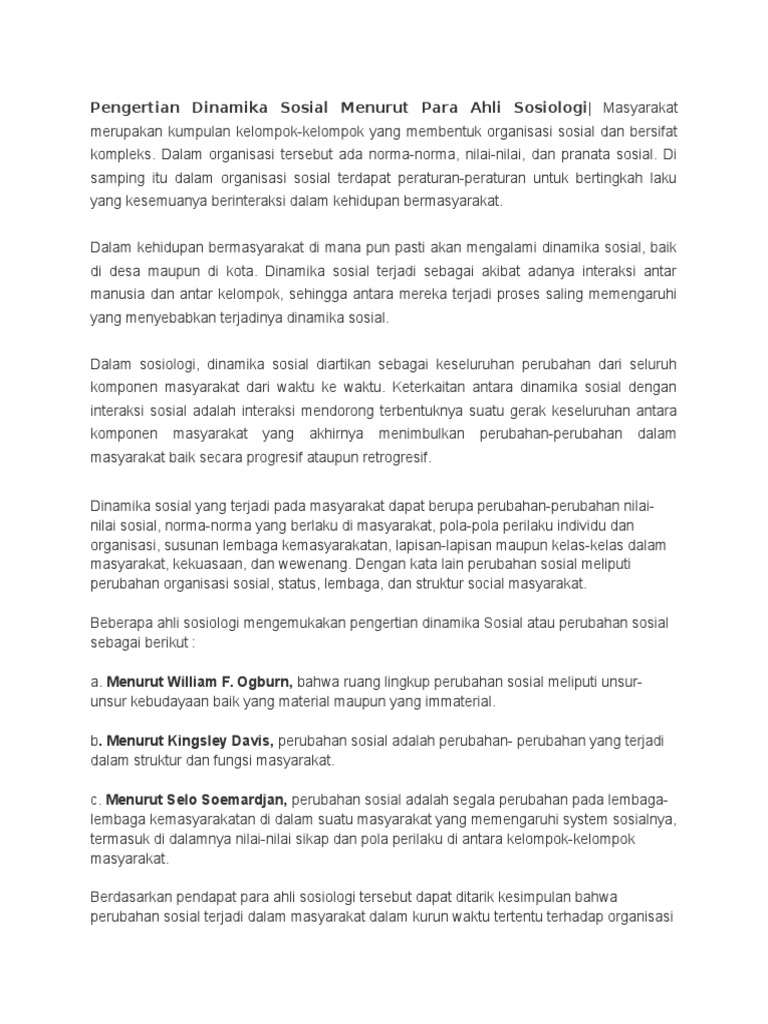 Pengertian Dinamika Sosial Menurut para Ahli Sosiologi PDF