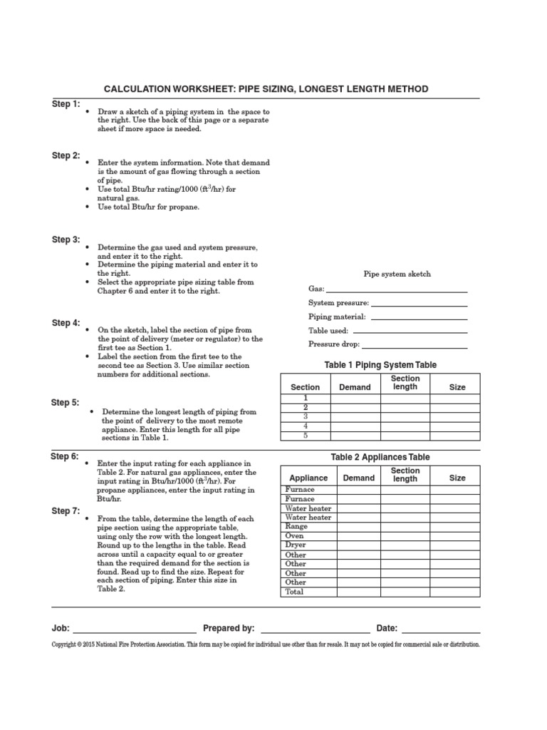 Calculation Worksheet Pipe Sizing, Longest Length Method Step 1 PDF