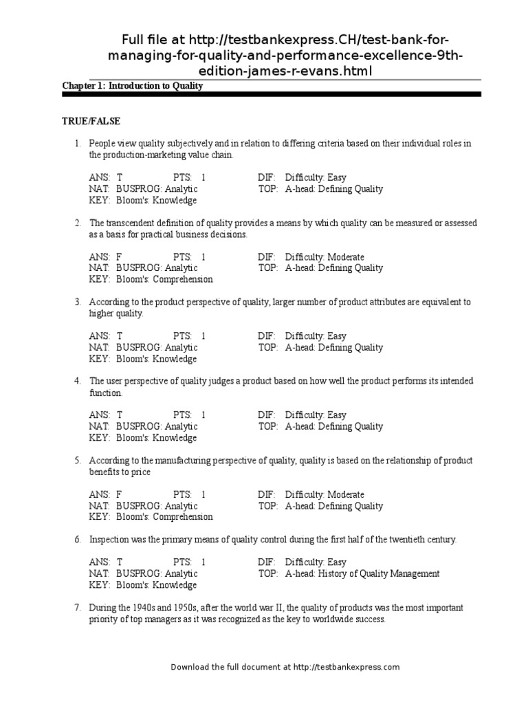 Evans--Managing for Quality and Performance Excellence 9e.rtf | Supply  Chain | Quality (Business)