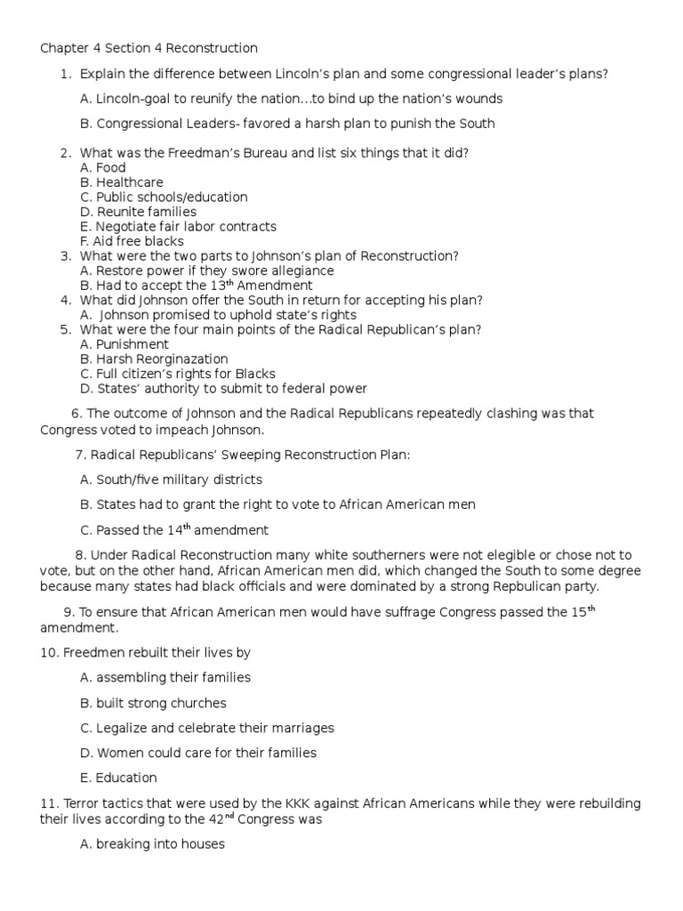 Chapter 4 Section 3 Reconstruction Answers | PDF | Reconstruction Era |  Presidents Of The United States